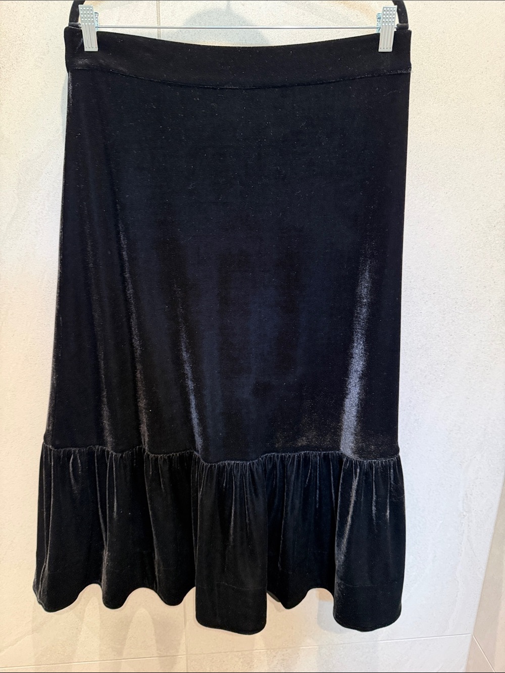 Soft Surroundings Noelle Black Velvet Midi Skirt with Ruffle Hem